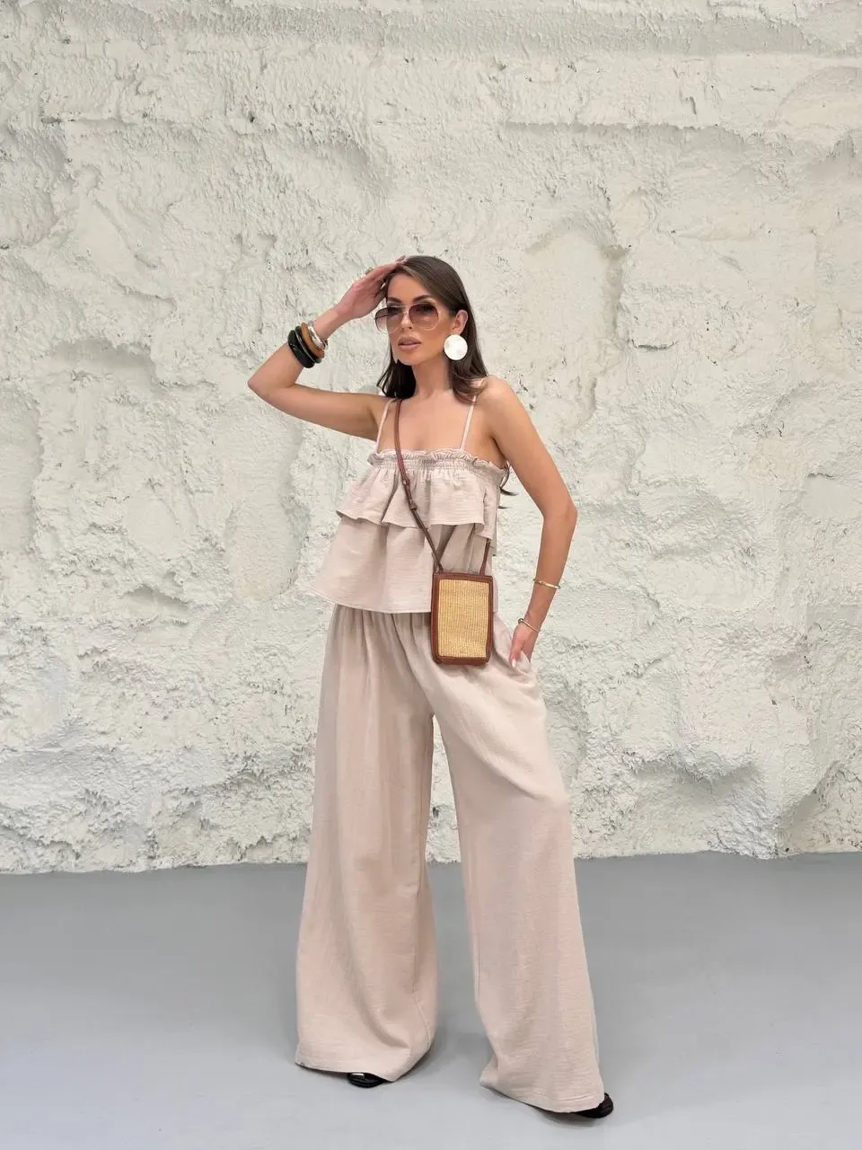 Müslin Kumaş Pantalon ve Askılı Bluz Alt Üst Takım