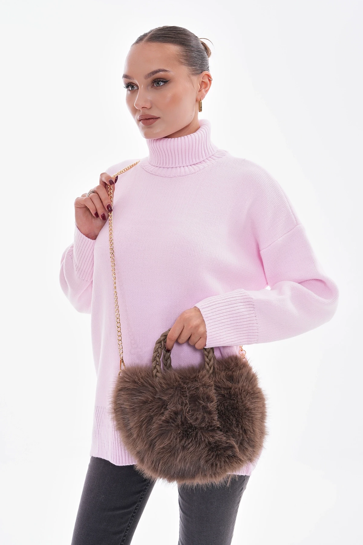 NWC-002 Pu Deri Saplı Vizon Peluş Çanta