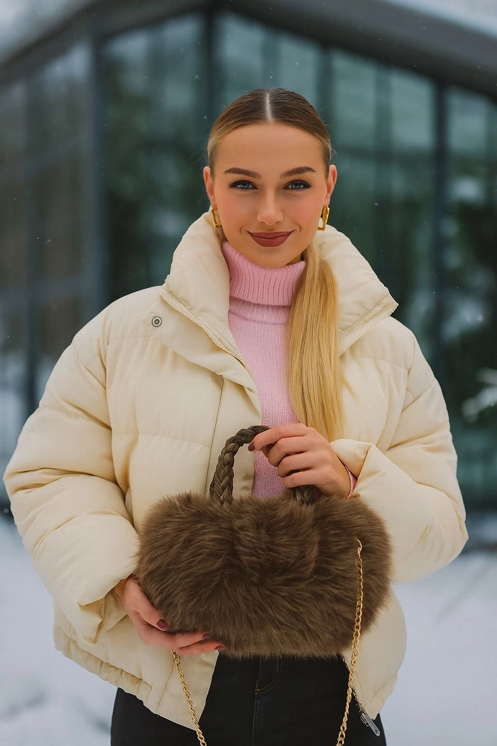 NWC-002 Pu Deri Saplı Vizon Peluş Çanta