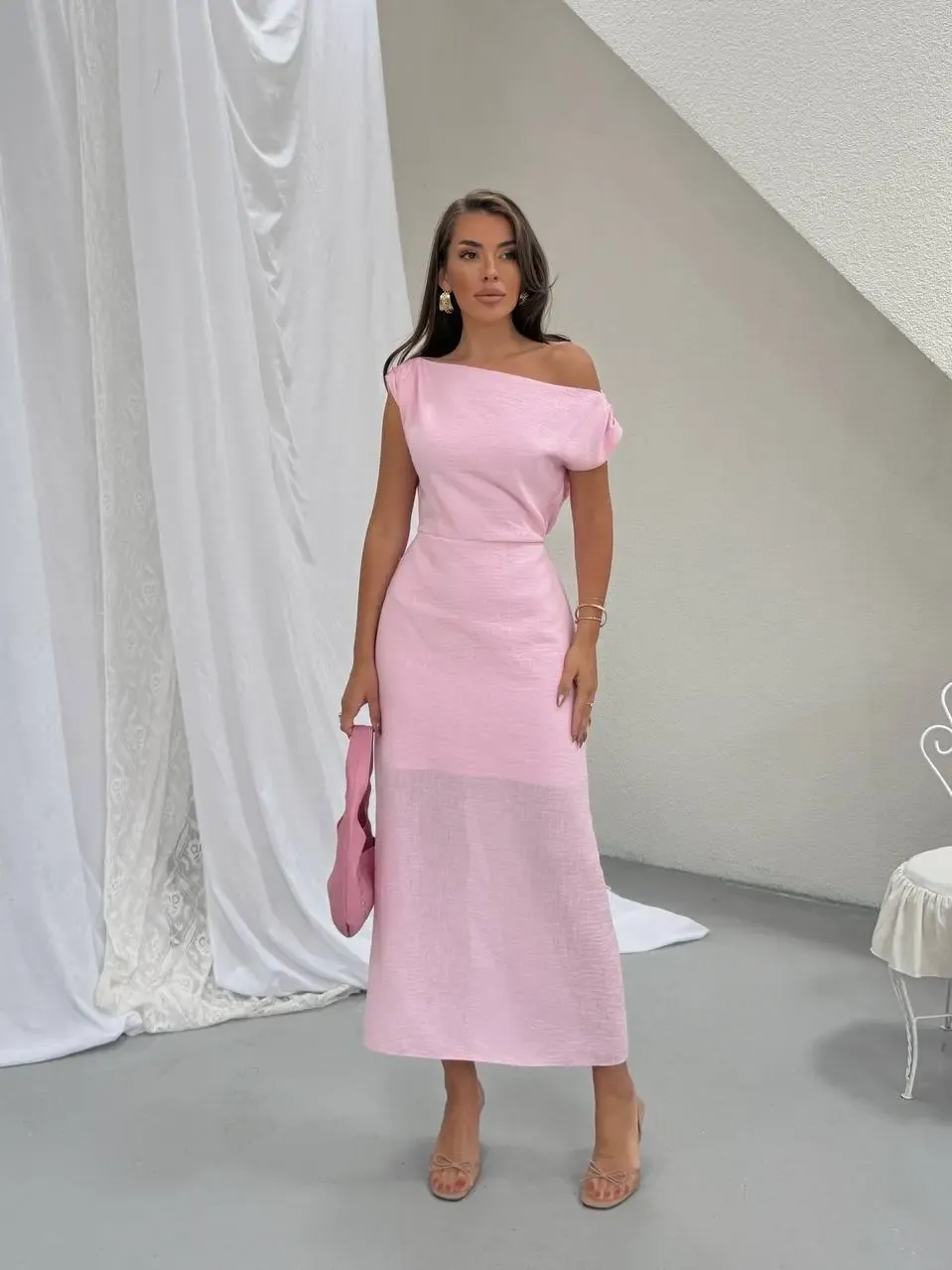Omuz Detay Keten Elbise Pembe