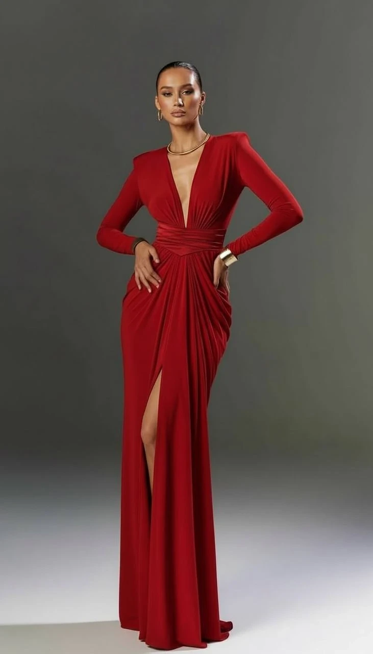 Omuz Vatkalı Drapeli Maxi Boy Elbise