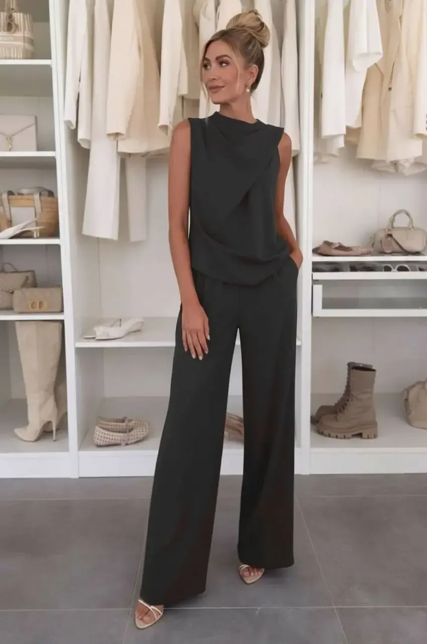 Önü Detaylı Bluz ve Pantalon Alt Üst Takım Siyah