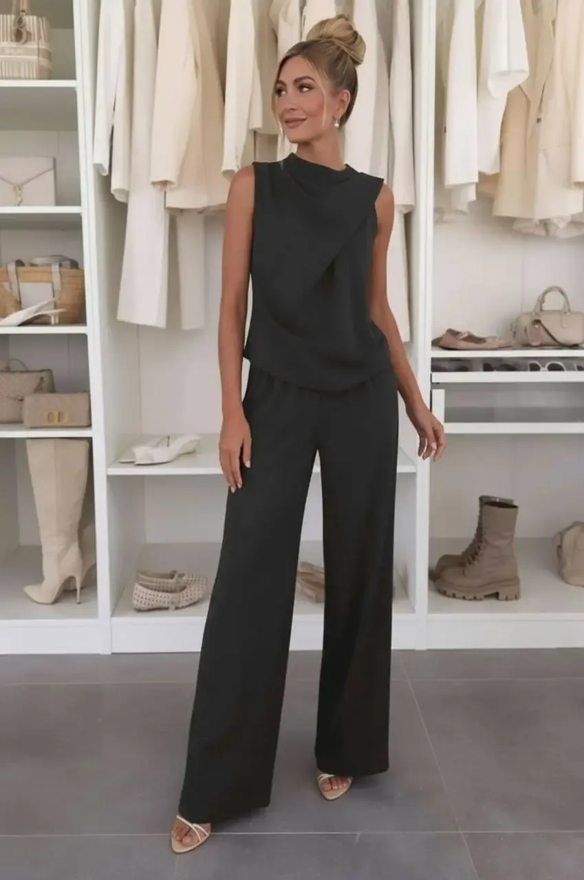 Önü Detaylı Bluz ve Pantalon Alt Üst Takım Siyah