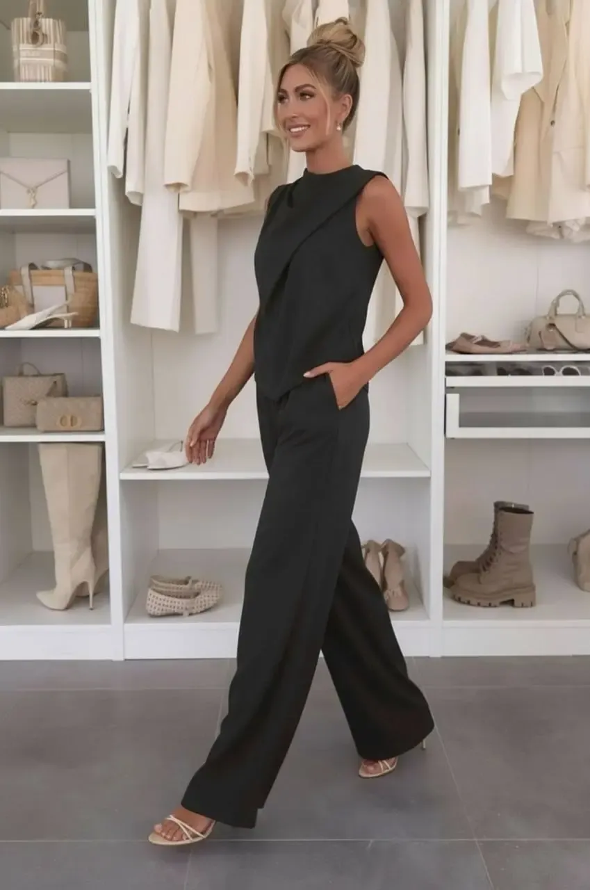 Önü Detaylı Bluz ve Pantalon Alt Üst Takım Siyah