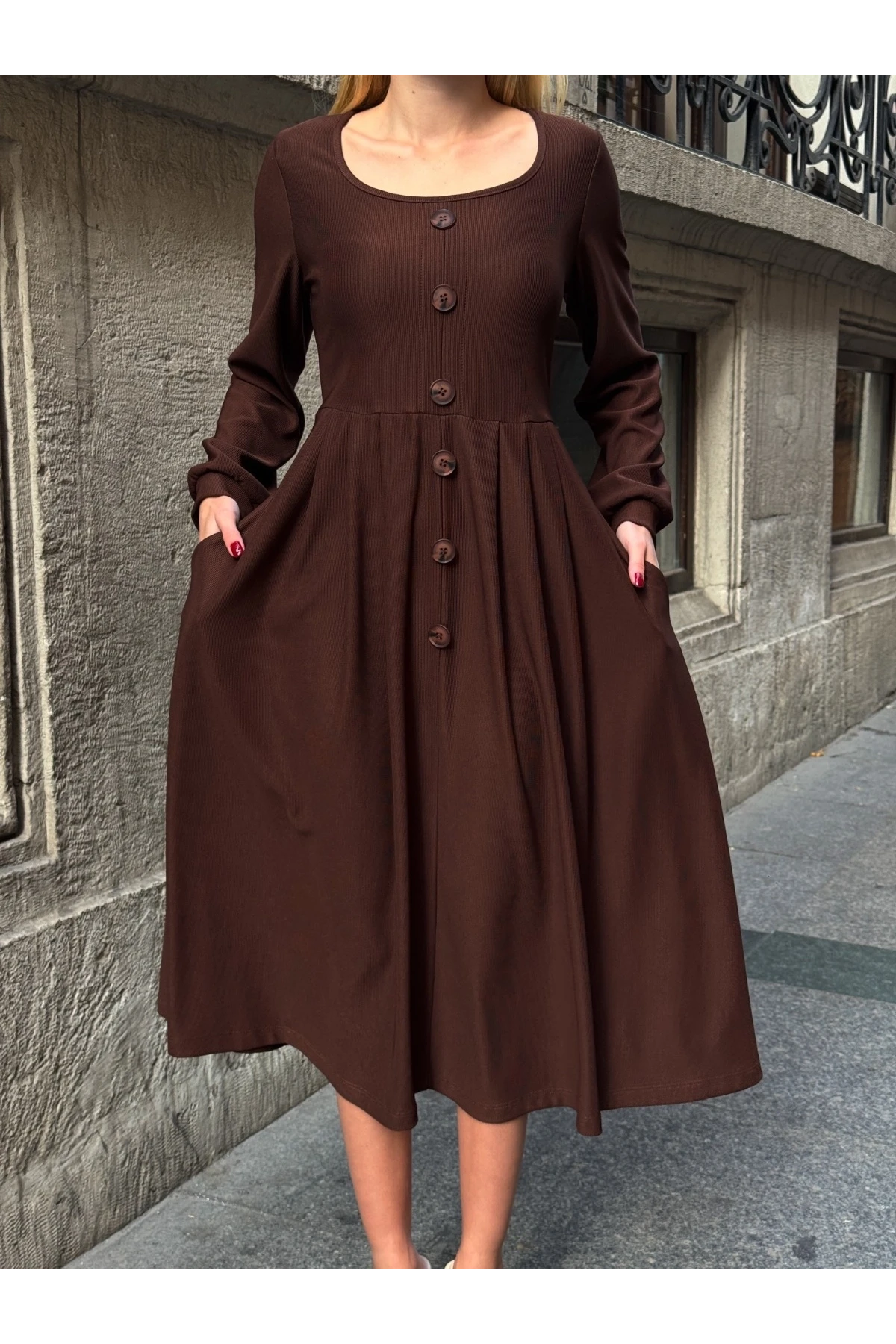 Ottoman Kumaş Düğme Detay Elbise Kahverengi