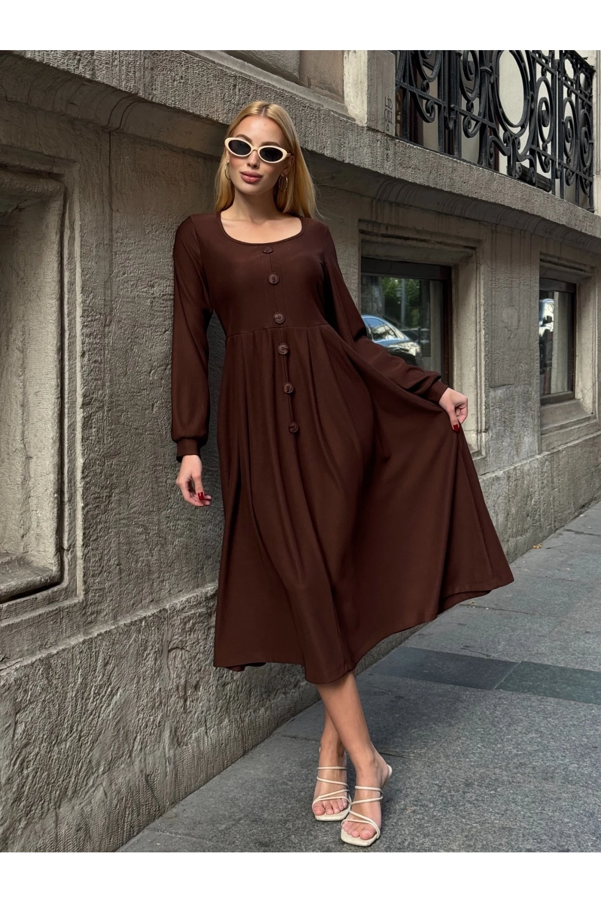 Ottoman Kumaş Düğme Detay Elbise Kahverengi