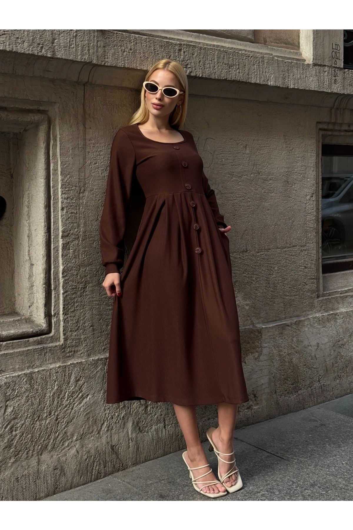 Ottoman Kumaş Düğme Detay Elbise Kahverengi