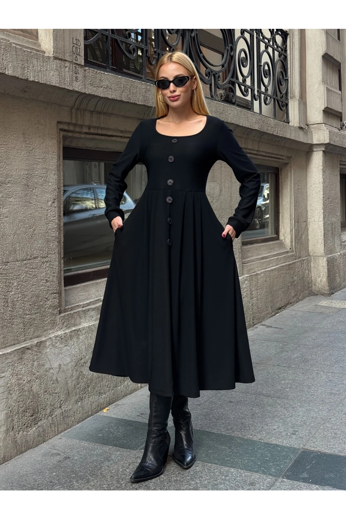 Ottoman Kumaş Düğme Detay Elbise Siyah