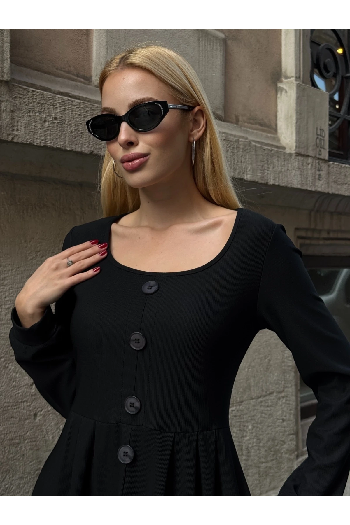 Ottoman Kumaş Düğme Detay Elbise Siyah