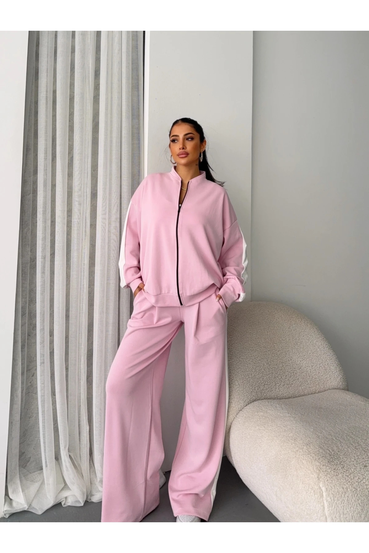 Oysh Kumaş Bel Lastikli Alt Üst Crop Üçlü Takım Pudra