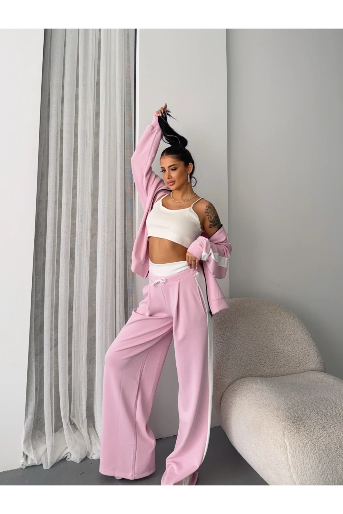 Oysh Kumaş Bel Lastikli Alt Üst Crop Üçlü Takım Pudra