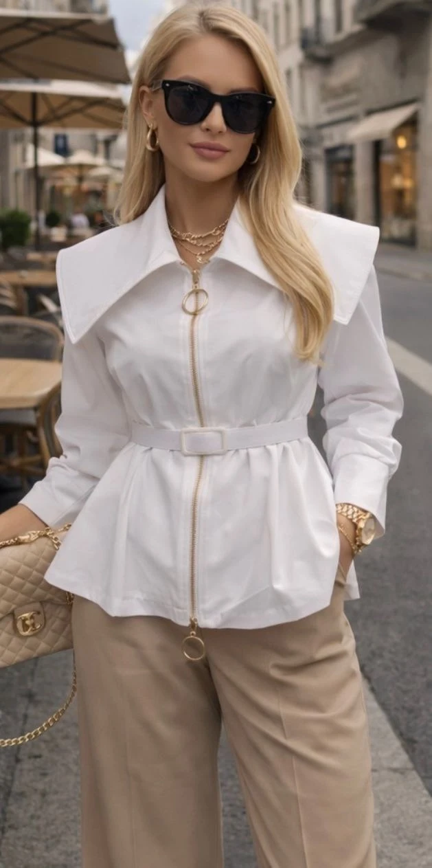 Pelerin Yaka Kemer Detaylı Gömlek