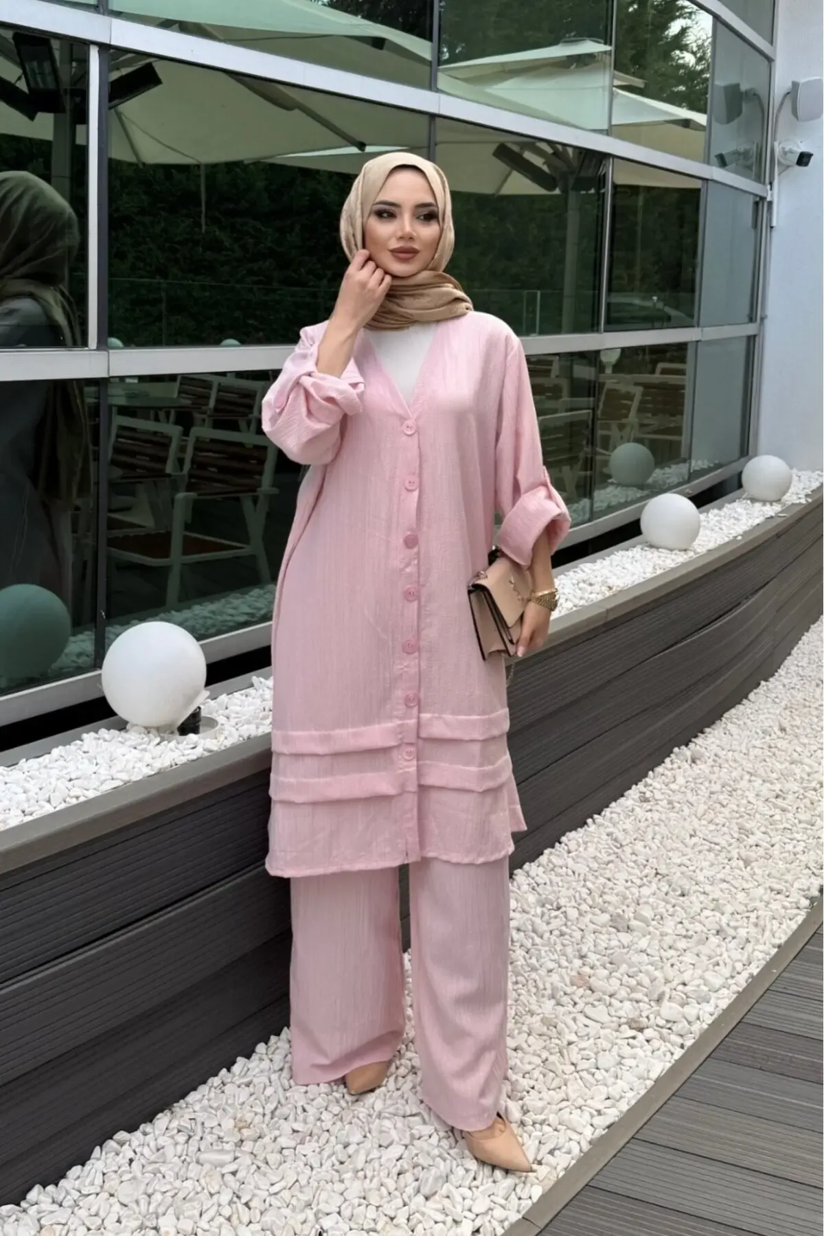 Pembe Keten Gömlek Alt Üst Takım