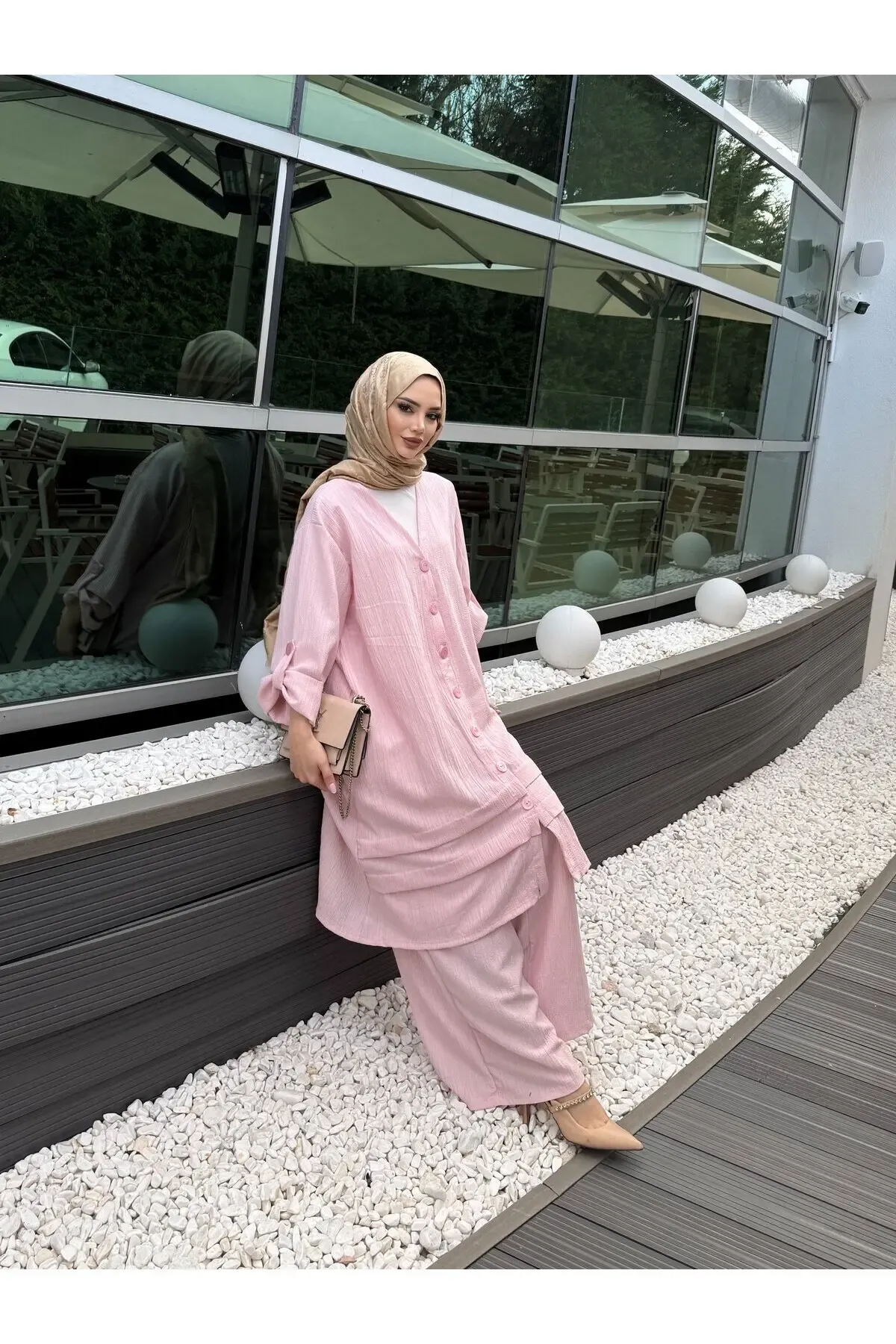 Pembe Keten Gömlek Alt Üst Takım