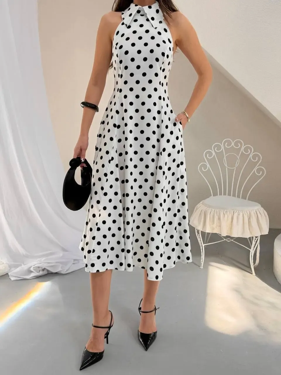 Puantiye Desen Sırt Detay Midi Boy Elbise Beyaz