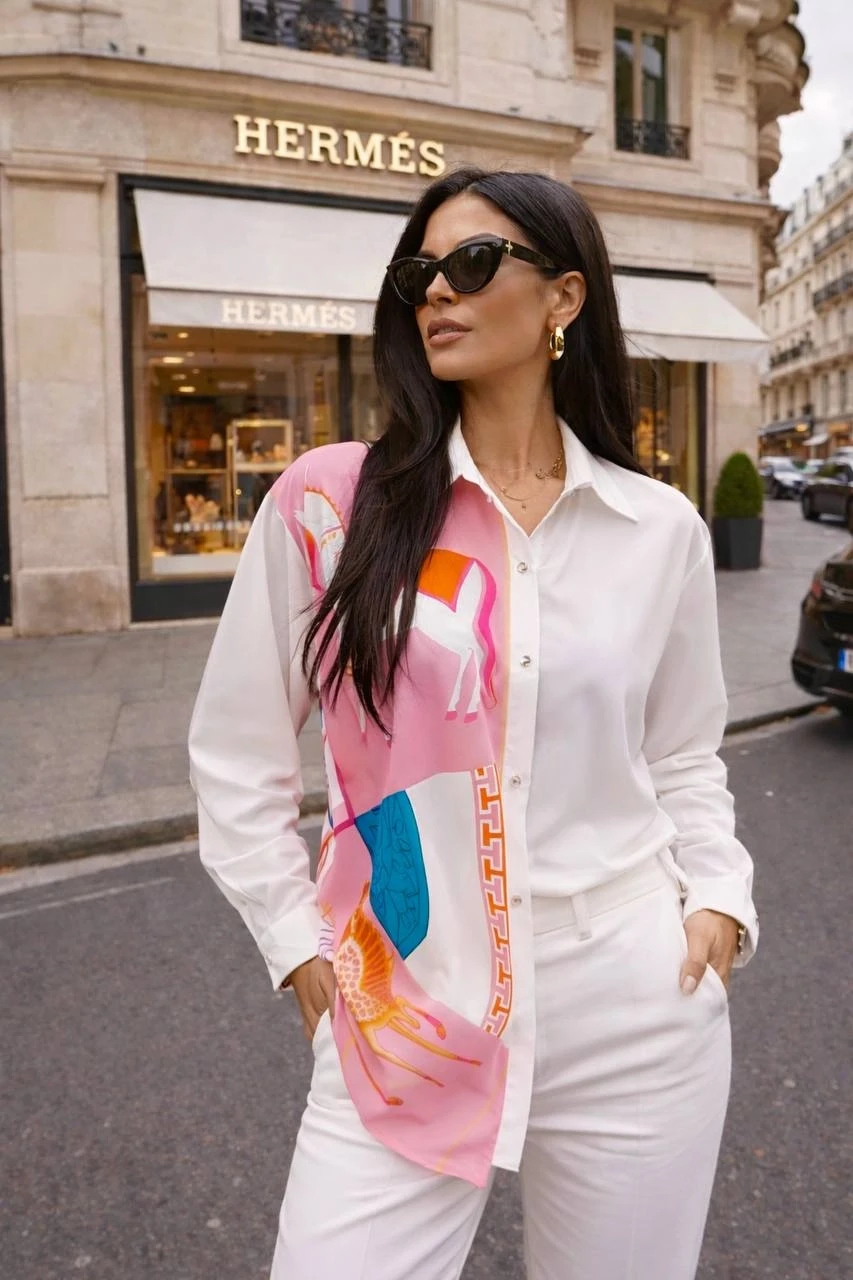 Şal Detaylı Asimetrik Kesim Gömlek