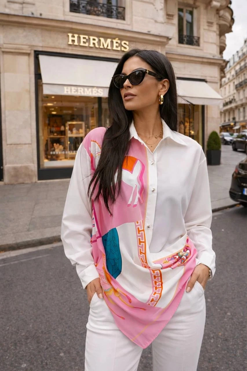 Şal Detaylı Asimetrik Kesim Gömlek