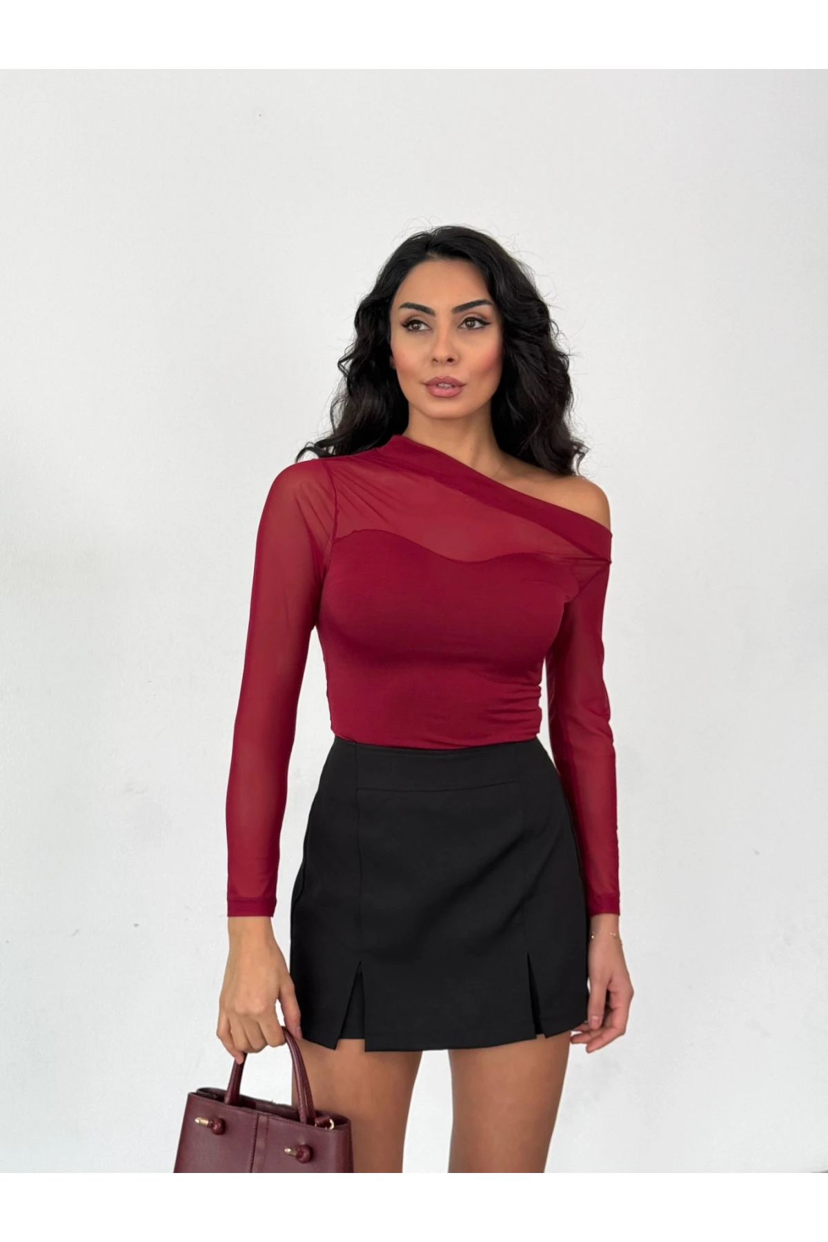 Sandy Kumaş Tül Detay Bluz Bordo