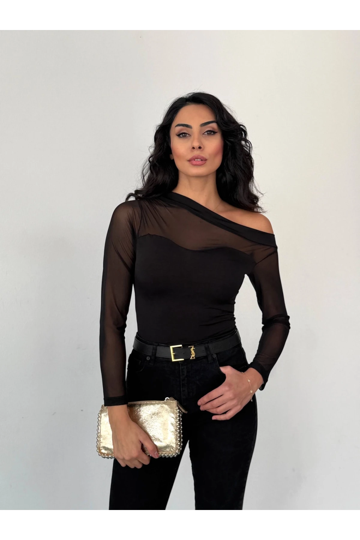 Sandy Kumaş Tül Detay Bluz Siyah