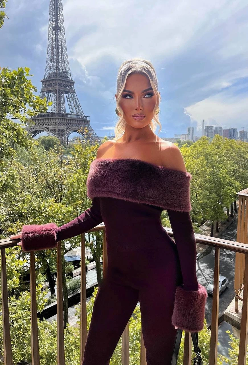 Selanik Kumaş Kürk Detay Maxi Boy Tulum Bordo