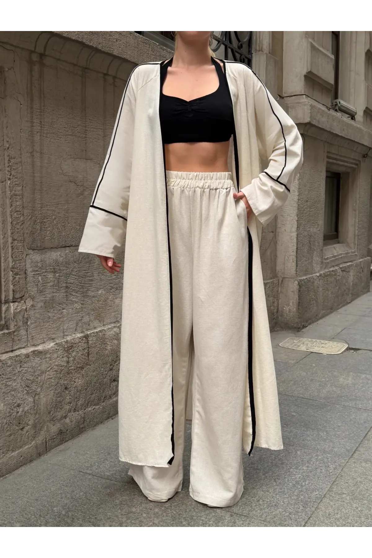 Siyah Çizgi Detaylı Kimono Pantalon Takım