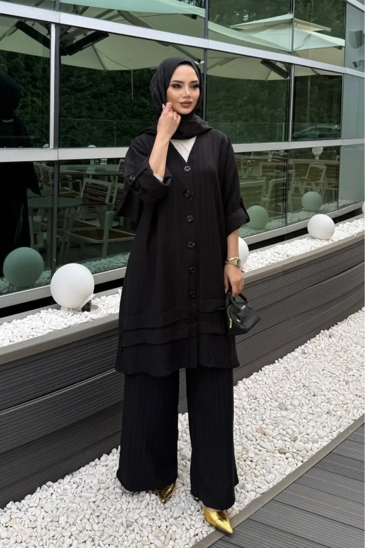 Siyah Keten Gömlek Alt Üst Takım