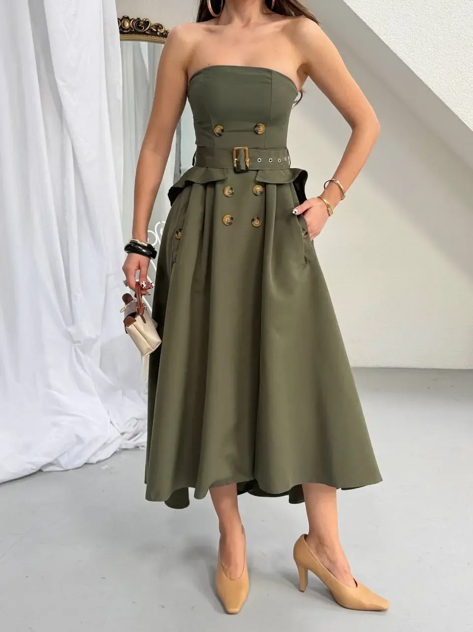 Straplez Bel Kemer Detay Elbise Haki