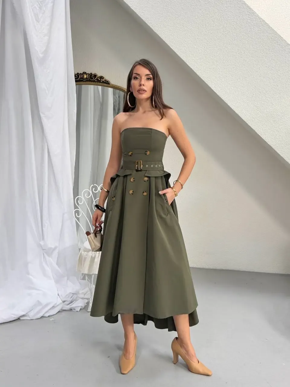 Straplez Bel Kemer Detay Elbise Haki