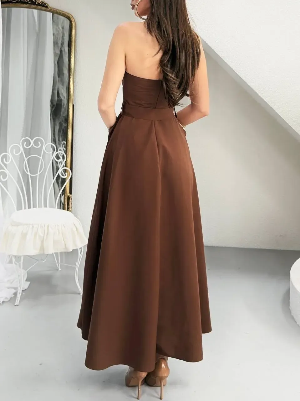 Straplez Bel Kemer Detay Elbise Kahve