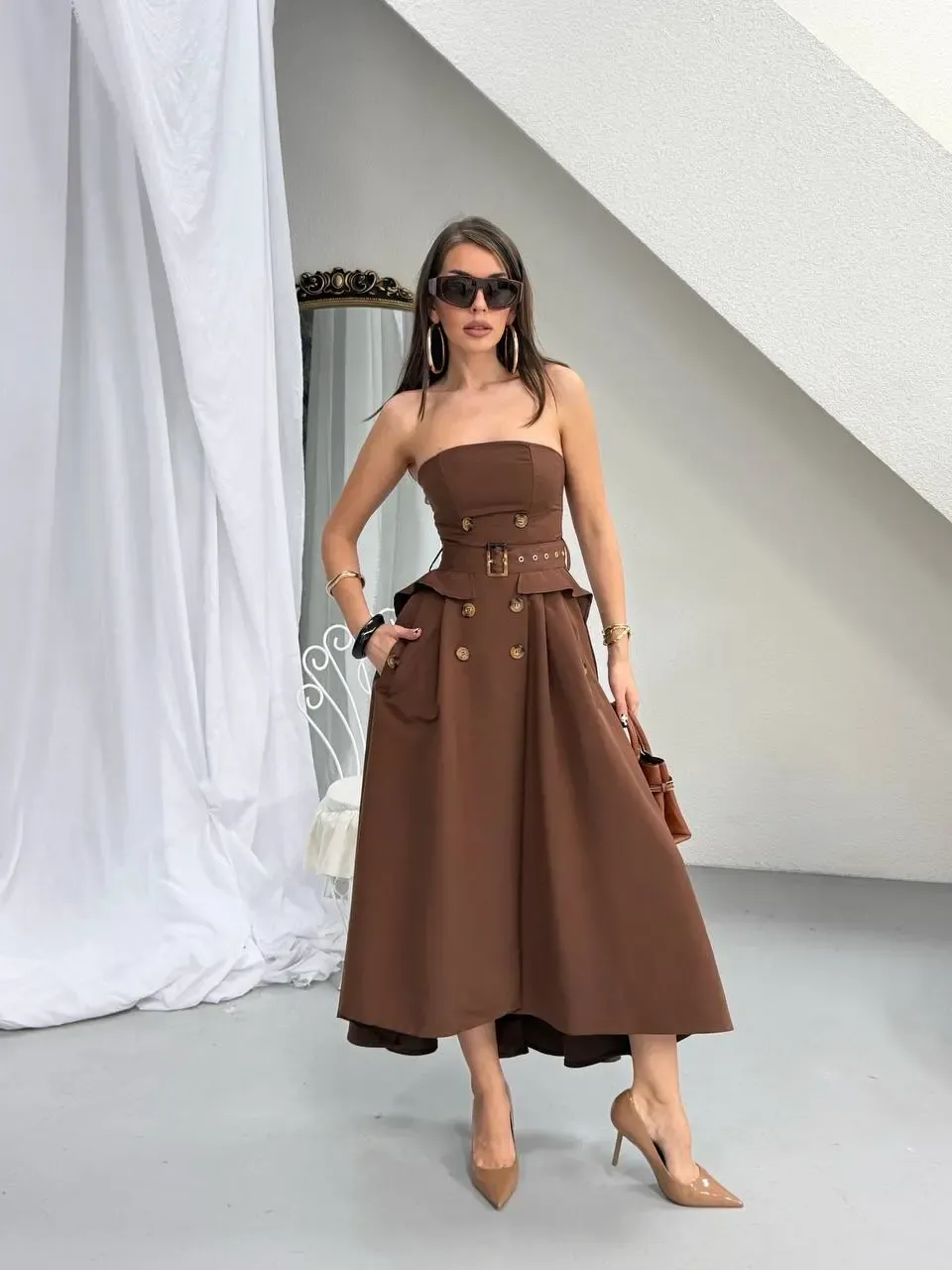 Straplez Bel Kemer Detay Elbise Kahve