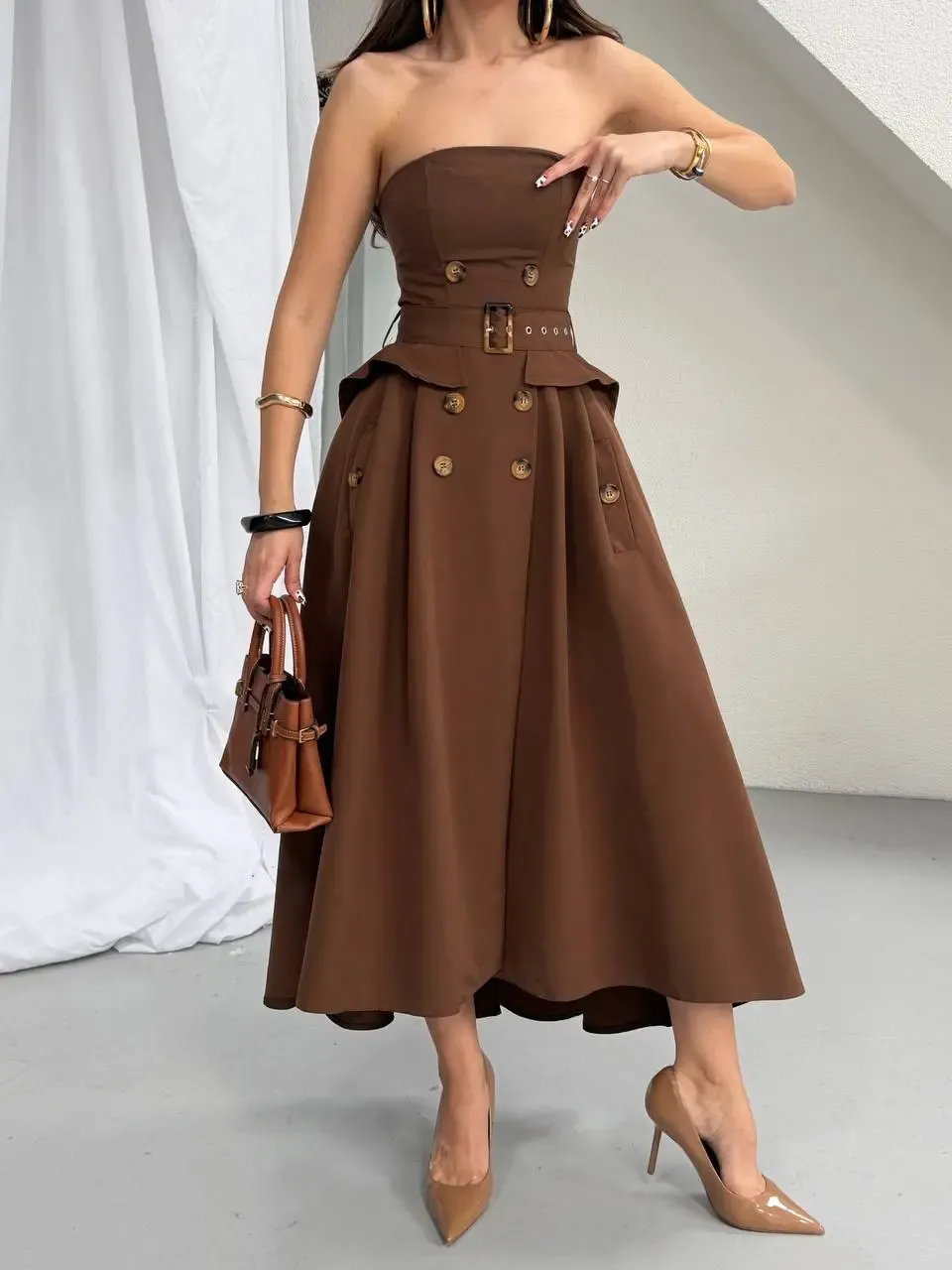 Straplez Bel Kemer Detay Elbise Kahve