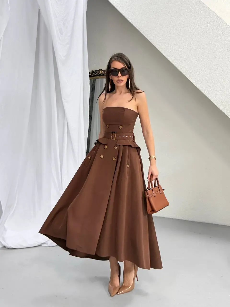 Straplez Bel Kemer Detay Elbise Kahve