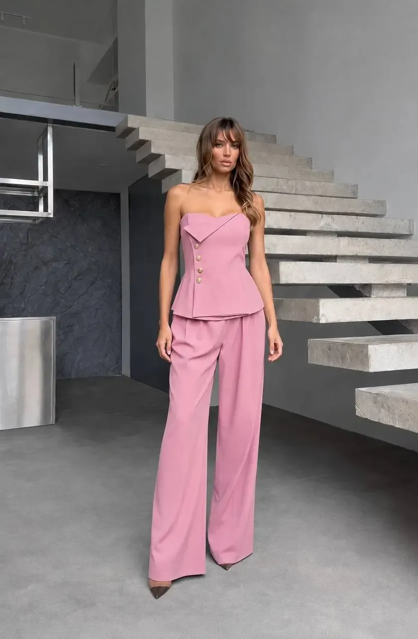 Straplez Bluz ve Pantalon  Alt Üst Takım Pembe
