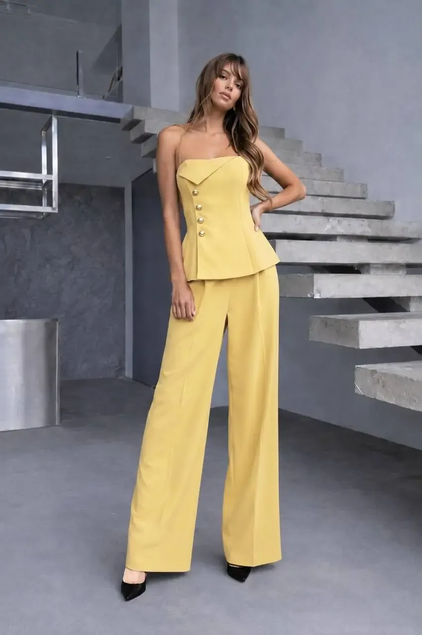 Straplez Bluz ve Pantalon  Alt Üst Takım Sarı
