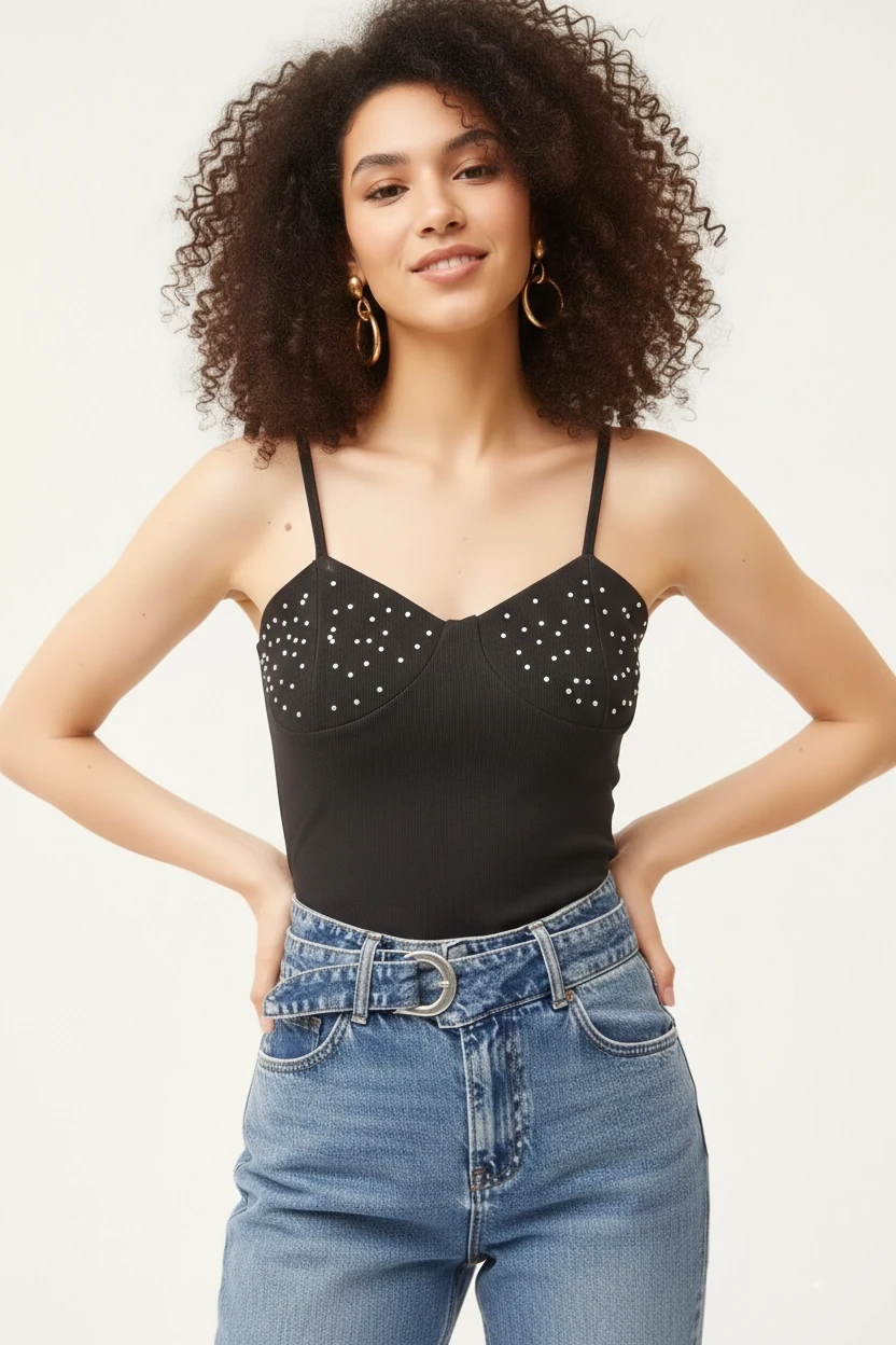 Taş Detaylı Askılı Crop Bluz Siyah