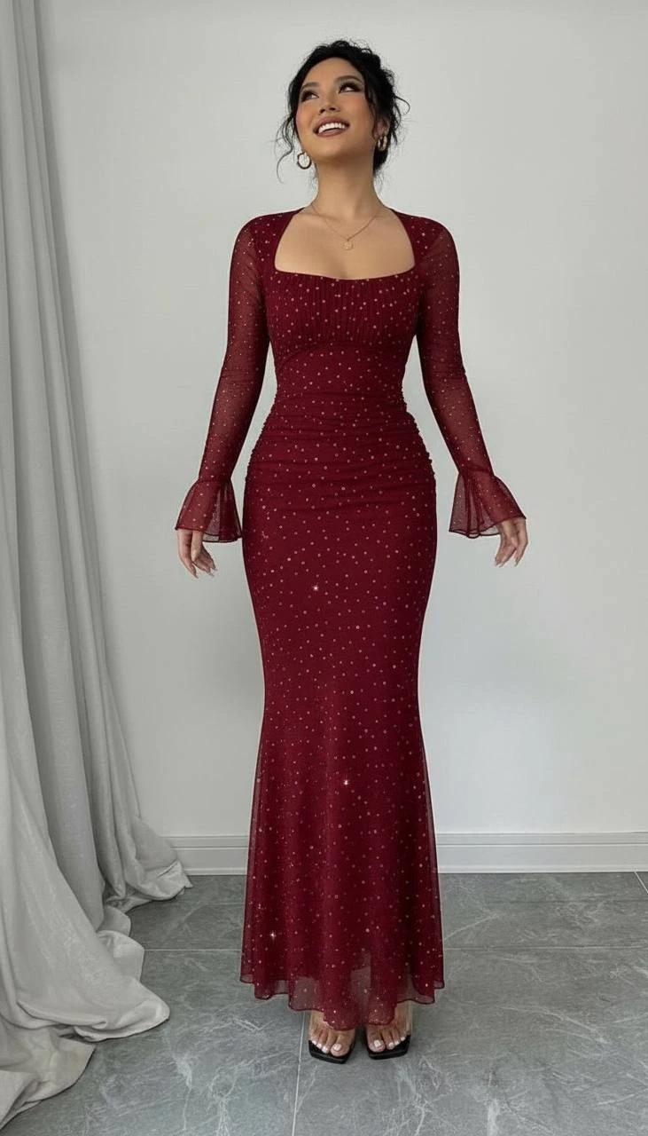 Taş İşleme Full Likralı Maxi Boy Elbise Bordo