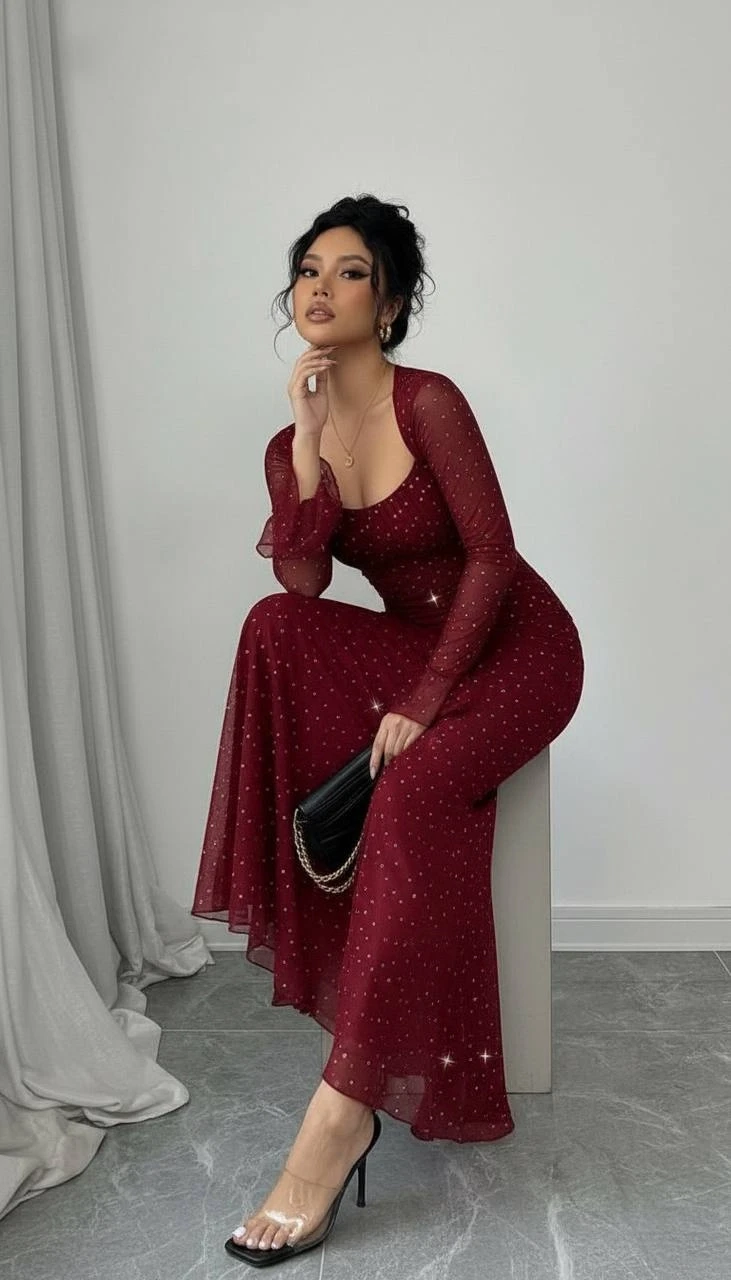 Taş İşleme Full Likralı Maxi Boy Elbise Bordo