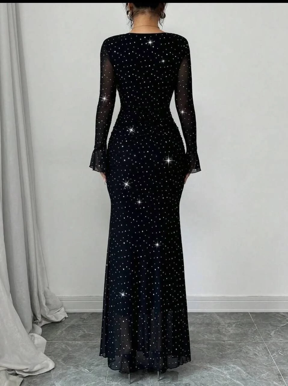 Taş İşleme Full Likralı Maxi Boy Elbise Siyah