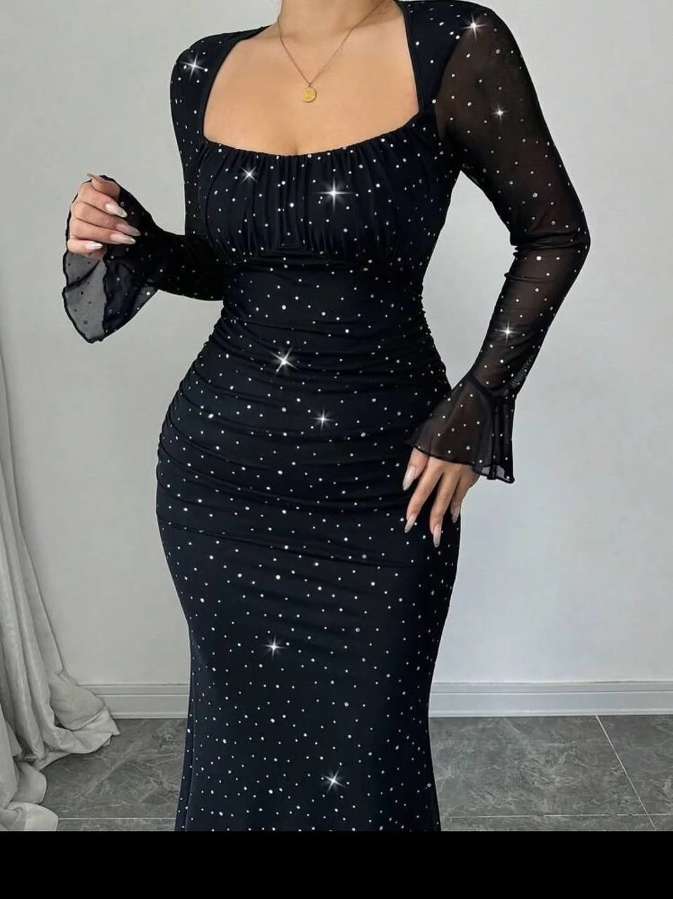 Taş İşleme Full Likralı Maxi Boy Elbise Siyah