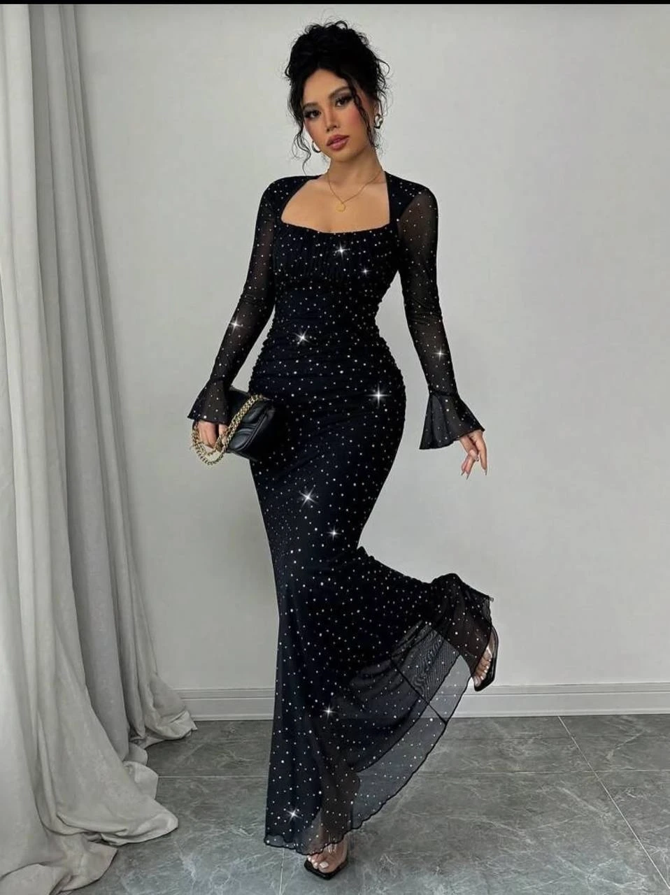 Taş İşleme Full Likralı Maxi Boy Elbise Siyah