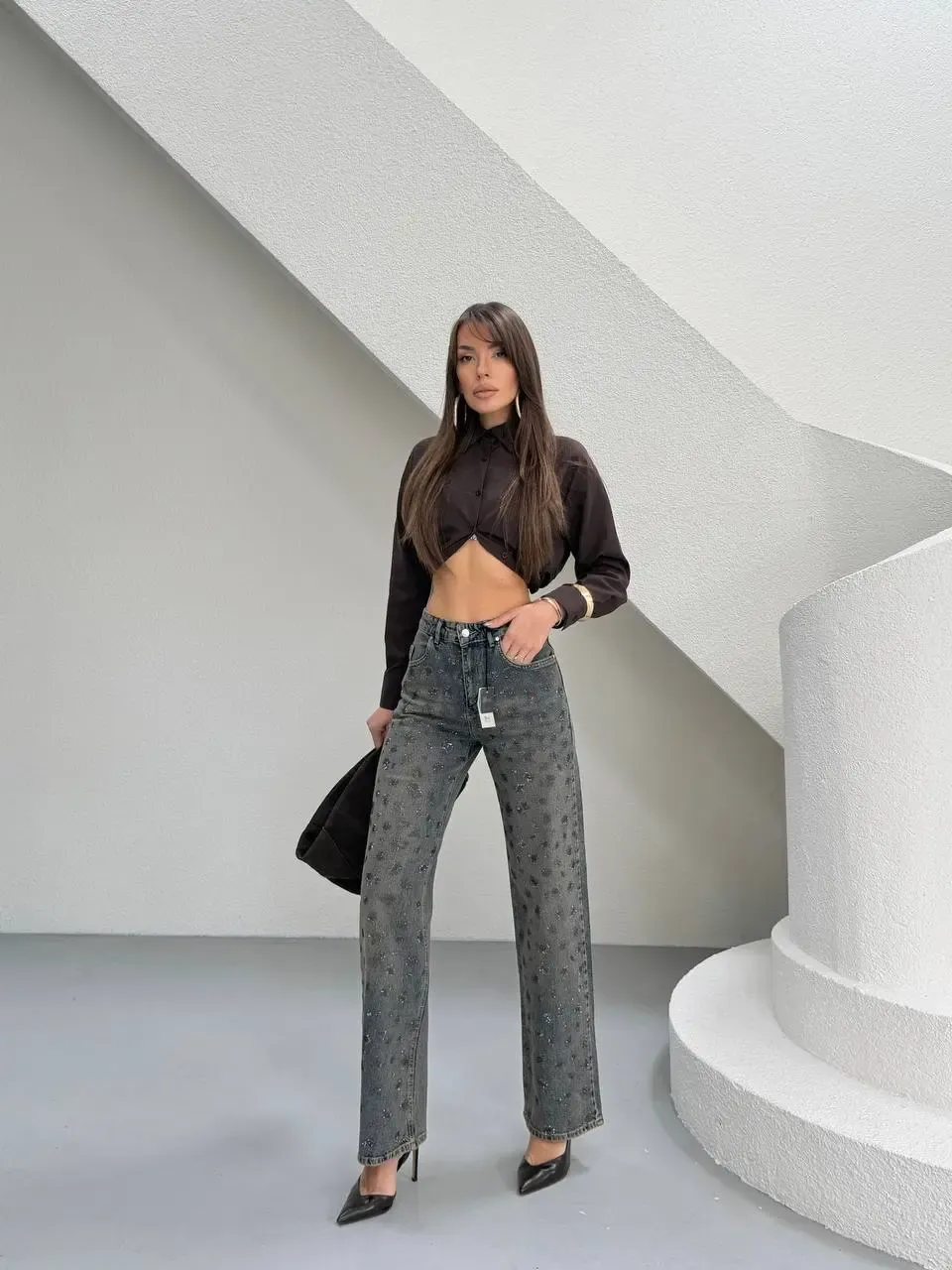 Tik Likra Leopar Taşlı Straightfit Jeans