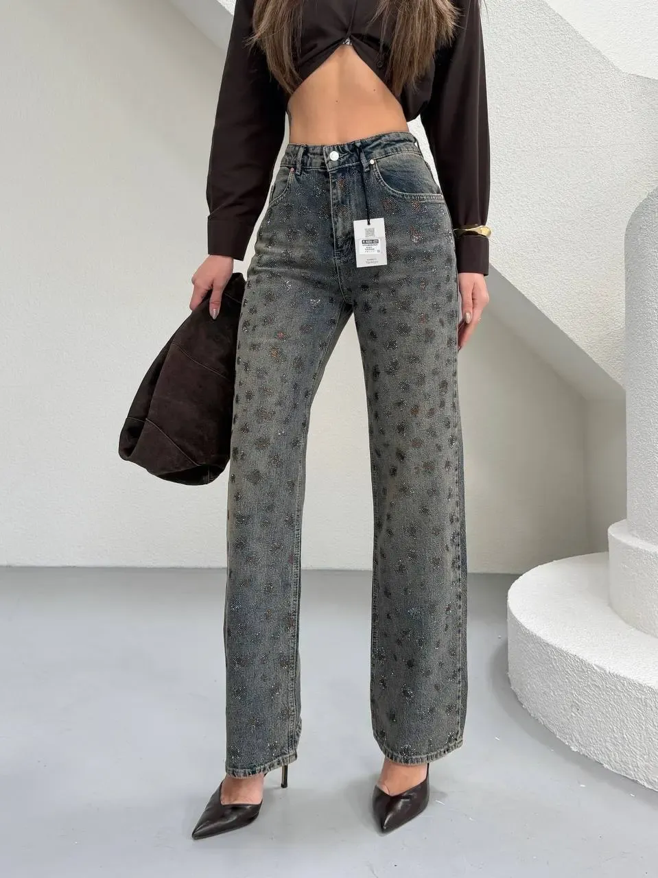 Tik Likra Leopar Taşlı Straightfit Jeans