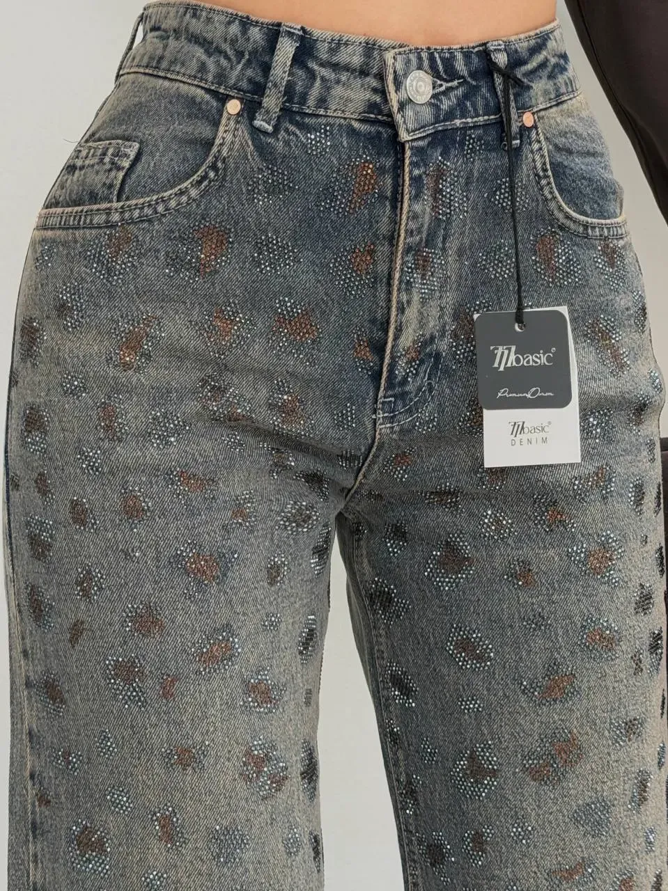 Tik Likra Leopar Taşlı Straightfit Jeans