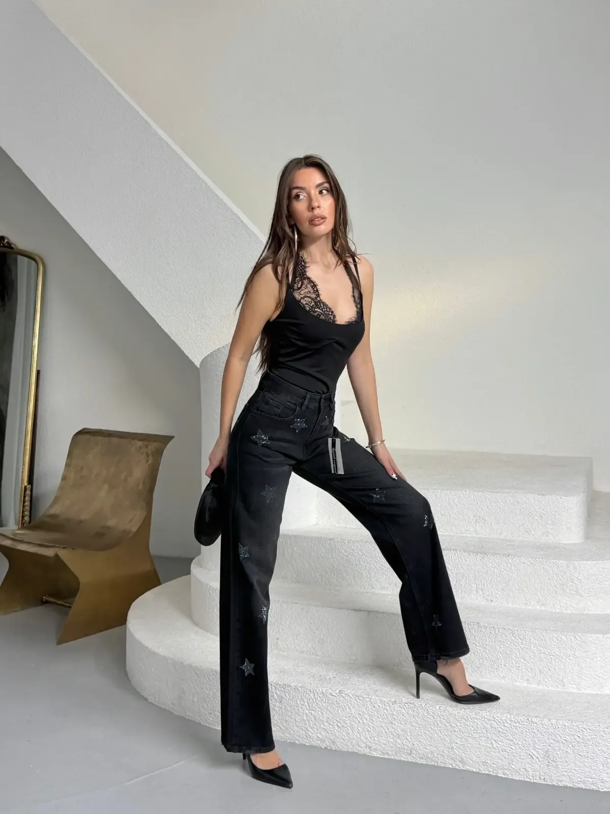 Tik Likra Yıldız Taşlı Straight Fit Jeans