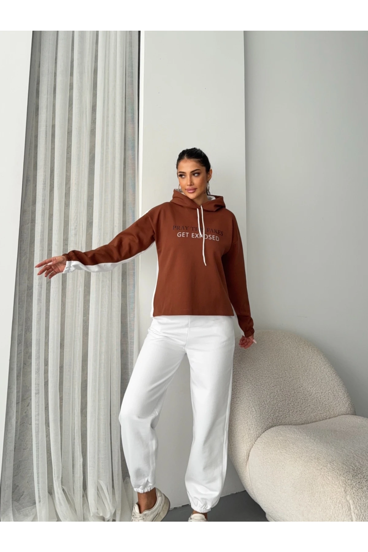 Üç İplik Kapşonlu Basklılı Takım Gri