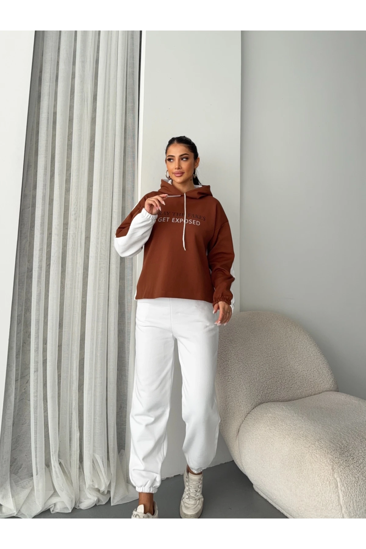 Üç İplik Kapşonlu Basklılı Takım Gri