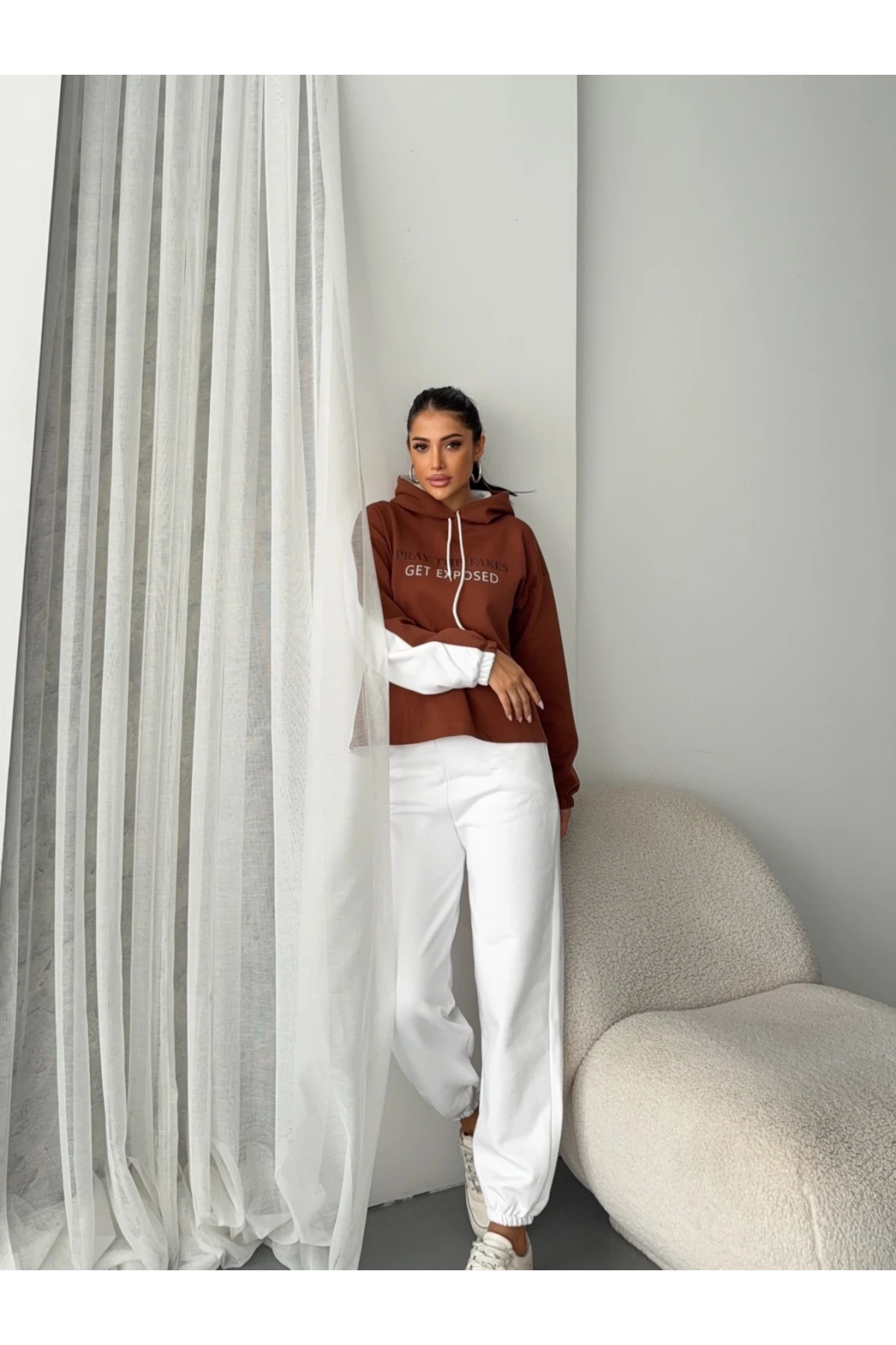 Üç İplik Kapşonlu Basklılı Takım Gri