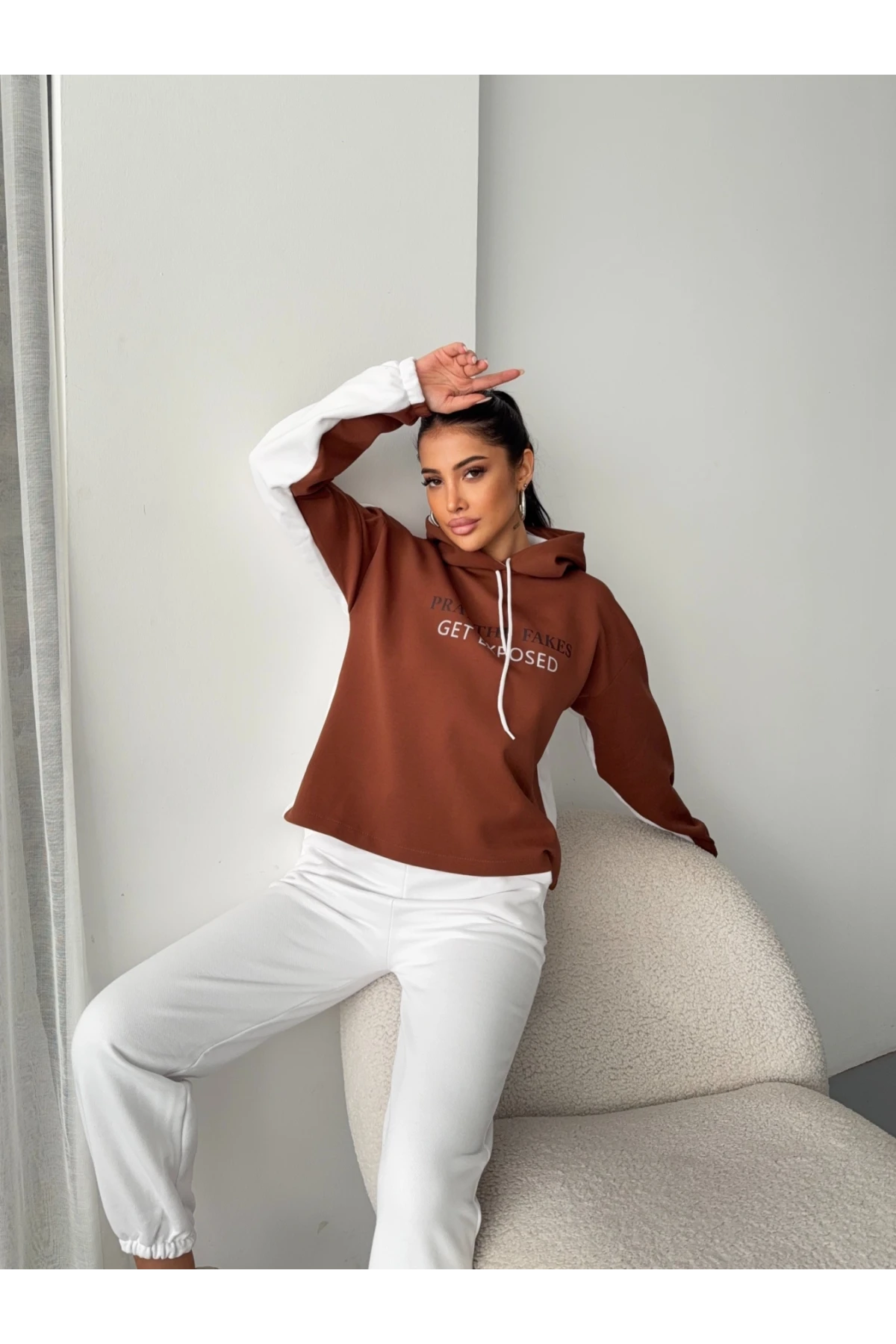 Üç İplik Kapşonlu Basklılı Takım Gri