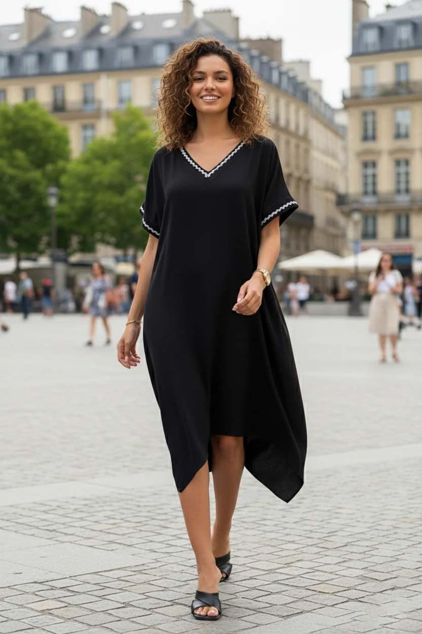 V Yaka Kısa Kollu Şerit Desenli Elbise