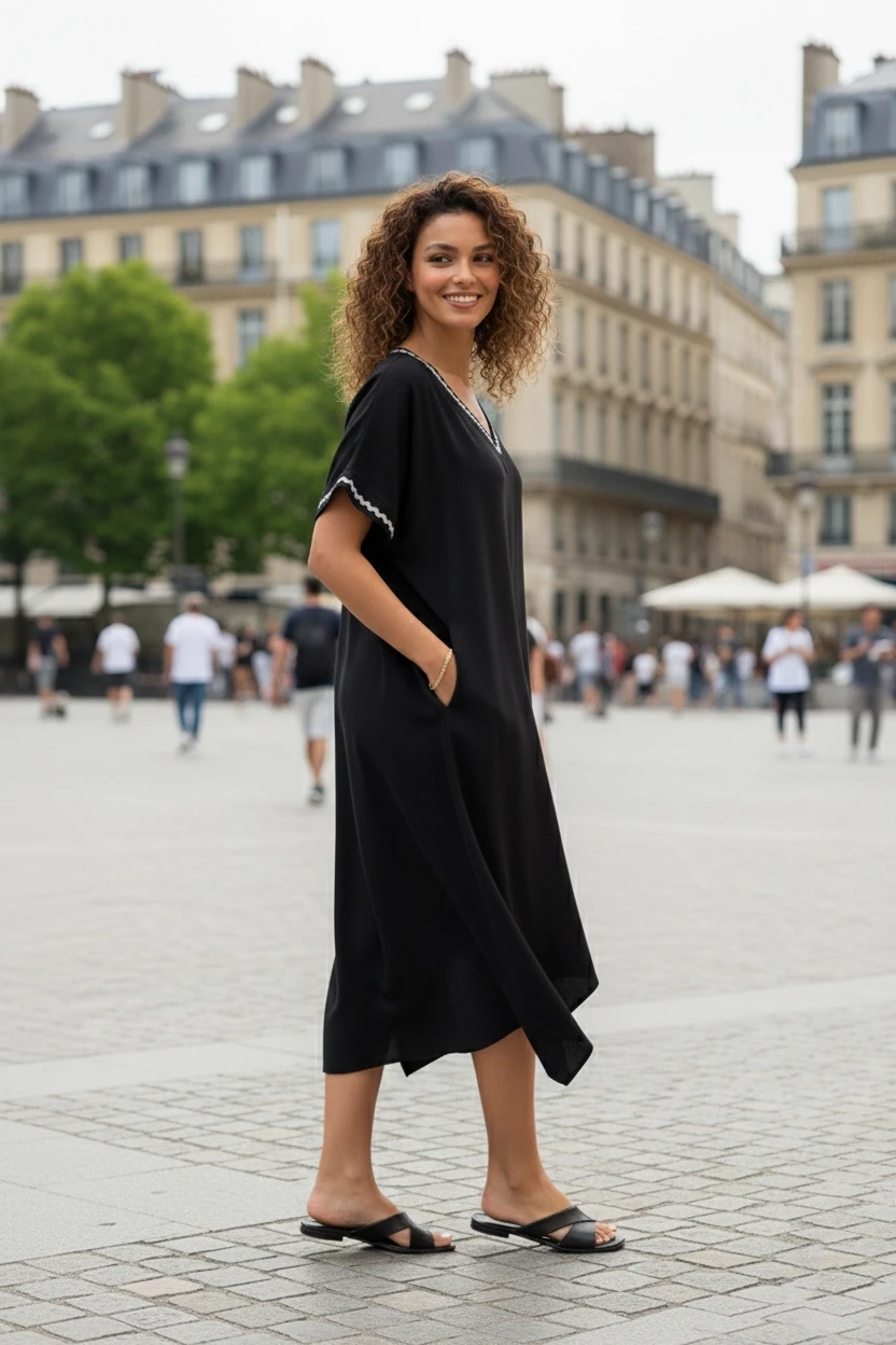 V Yaka Kısa Kollu Şerit Desenli Elbise